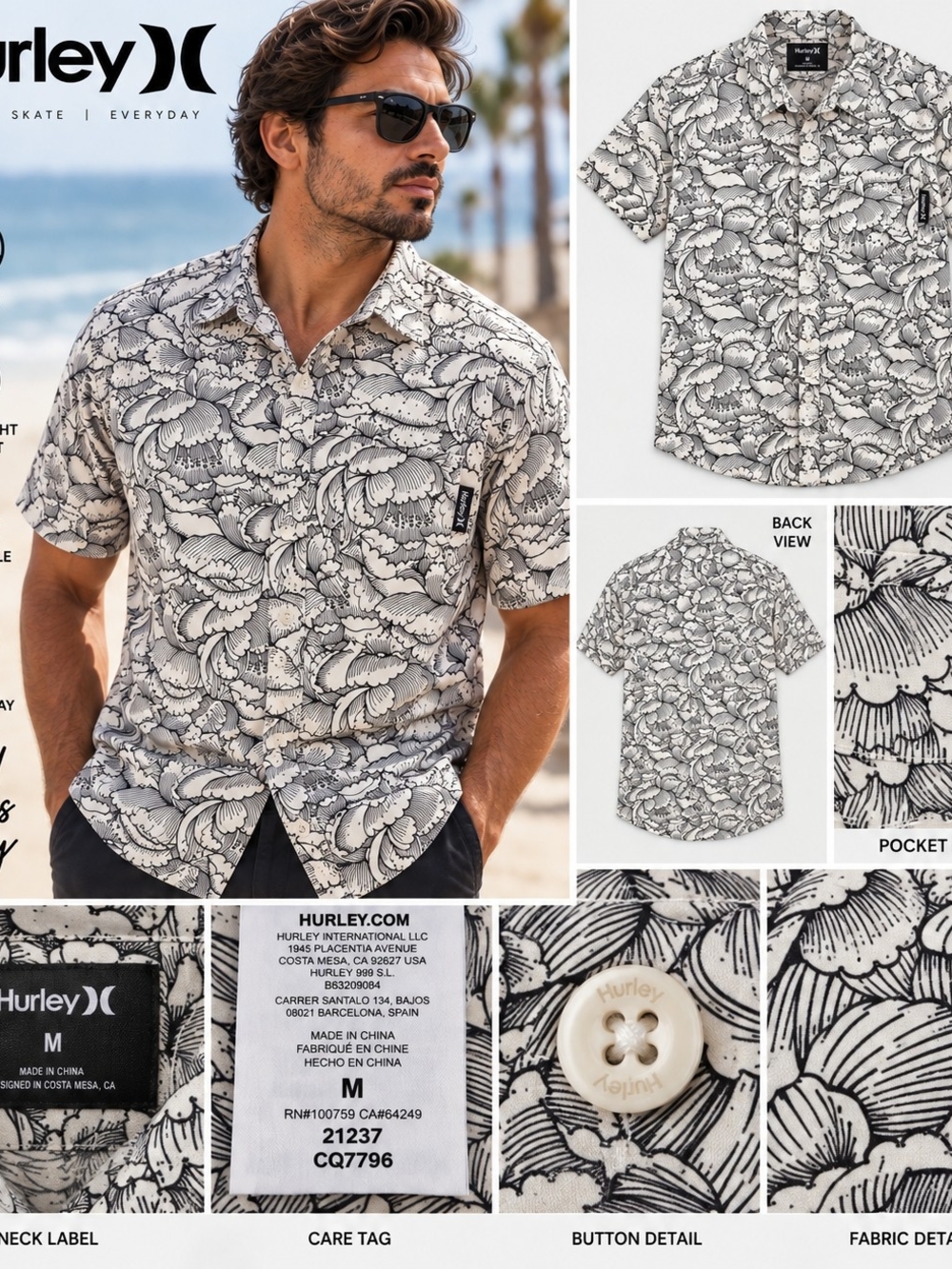 Hurley Floral Shirt Mens Medium Black White Button Up Short Sleeve Surf Beach
